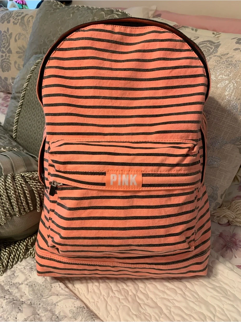 PINK Victoria's Secret Coral Pink and Black Striped Canvas Backpack (Rare)